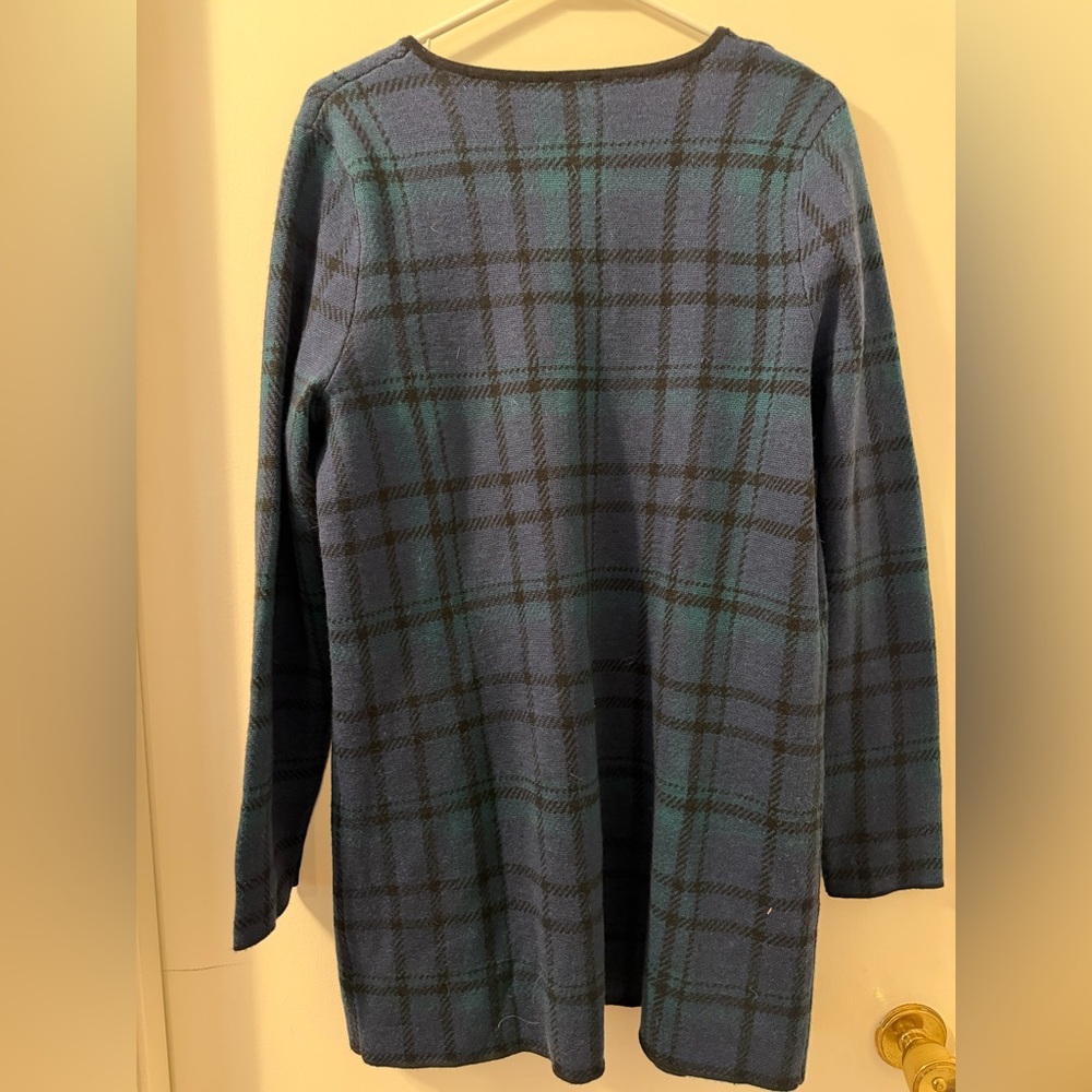Talbots Black Watch Plaid Merino Cardigan Sweater Long Women L Blue Green Black - Picture 2 of 7